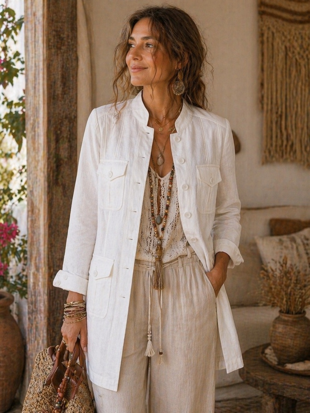 ROBERTA DI CAMERINO 100% Linen Long Jacket Mandarin Collar Luxury Resortwear